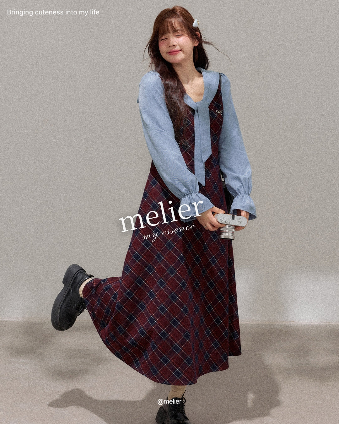 チェックリボンカラーワンピース me107