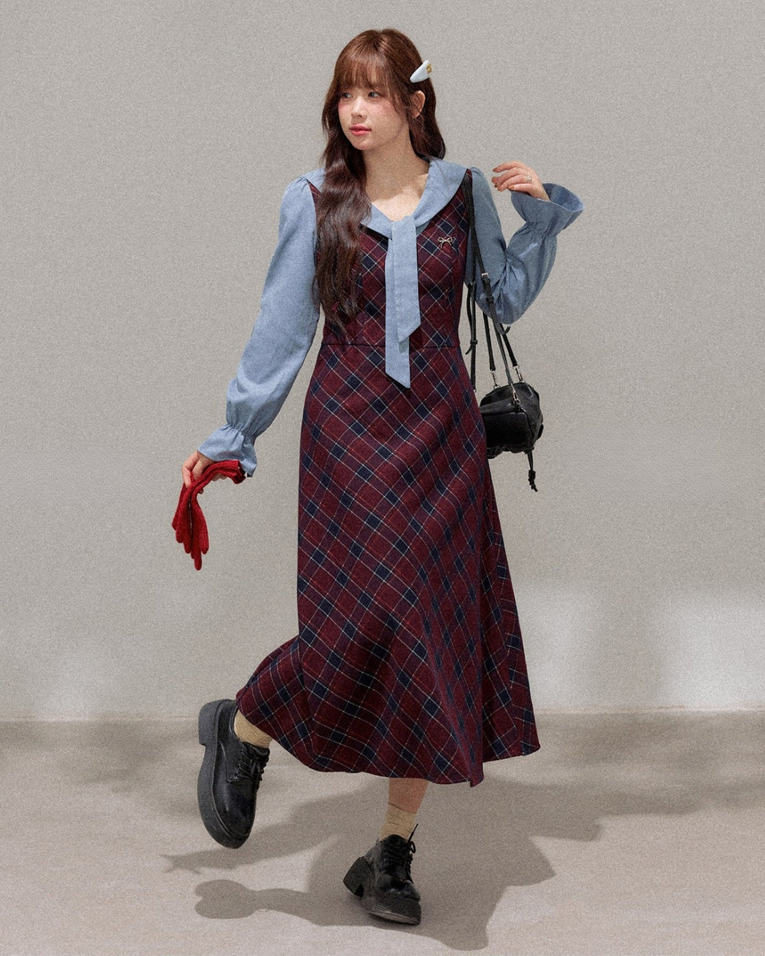 チェックリボンカラーワンピース me107
